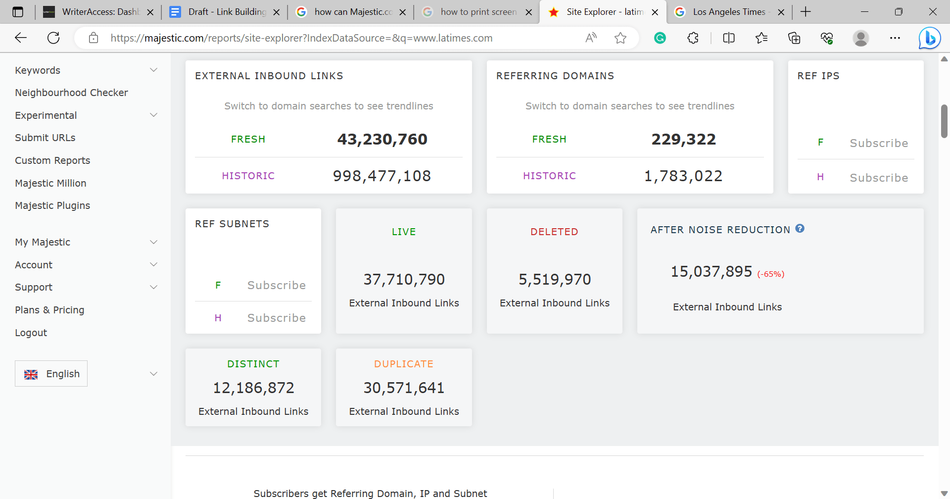 Links analytics of the LA Times website as reported by Majestic