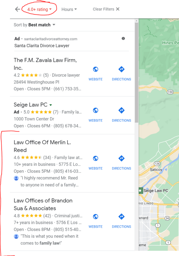 Screenshot of Google Maps showing businesses in the area and their reviews