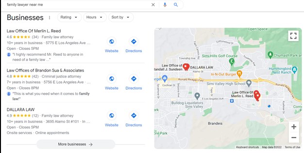 Google Maps local pack rankings when a user in Santa Clarita searched for family lawyer near me