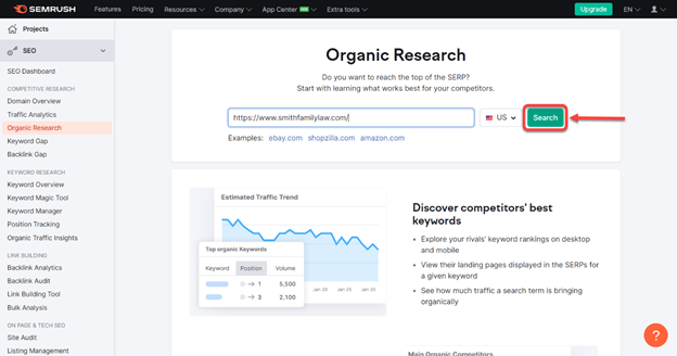 Search button of the Organic Research section of Semrush