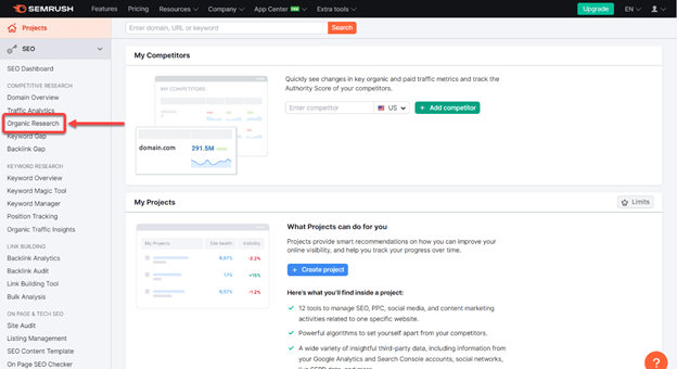 Semrush screenshot showing where to find Organic Research under the COMPETITIVE RESEARCH menu