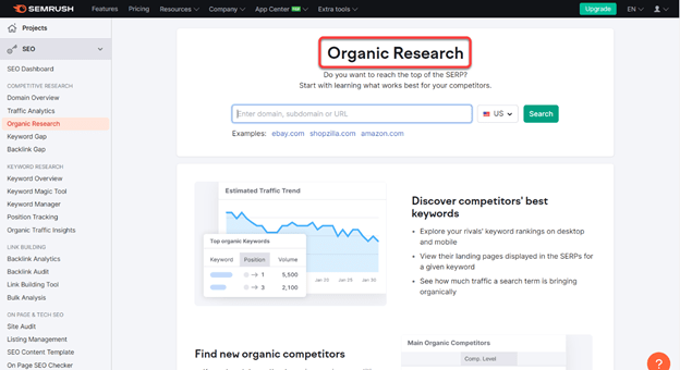 Screenshot of the Organic Research Section of Semrush