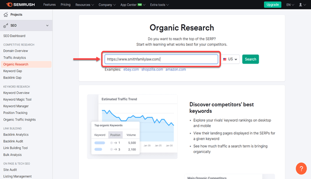 Where to input competitor's website URL in the Organic Research section of Semrush