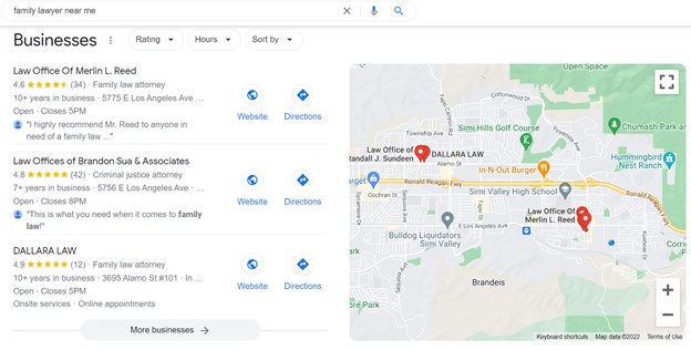 Screenshot of Google Maps showing businesses related to the search term family lawyer near me