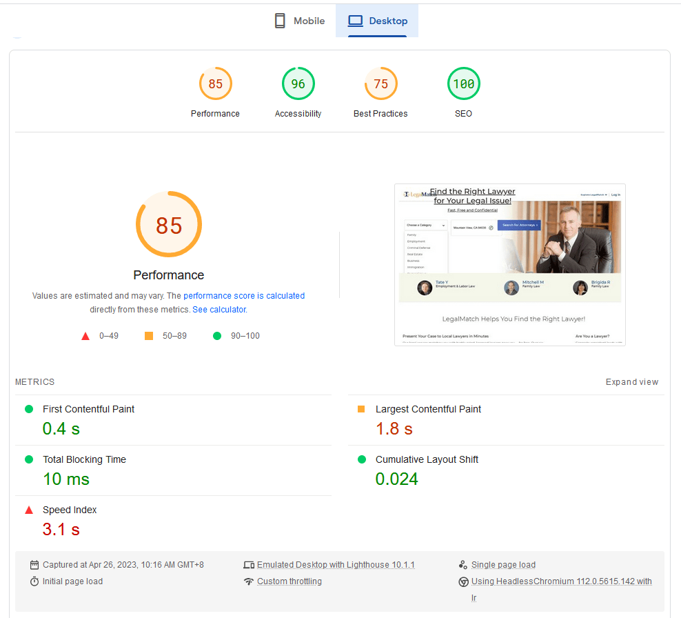 Google Lighthouse Audit tool showing LegalMatch's website score on Desktop