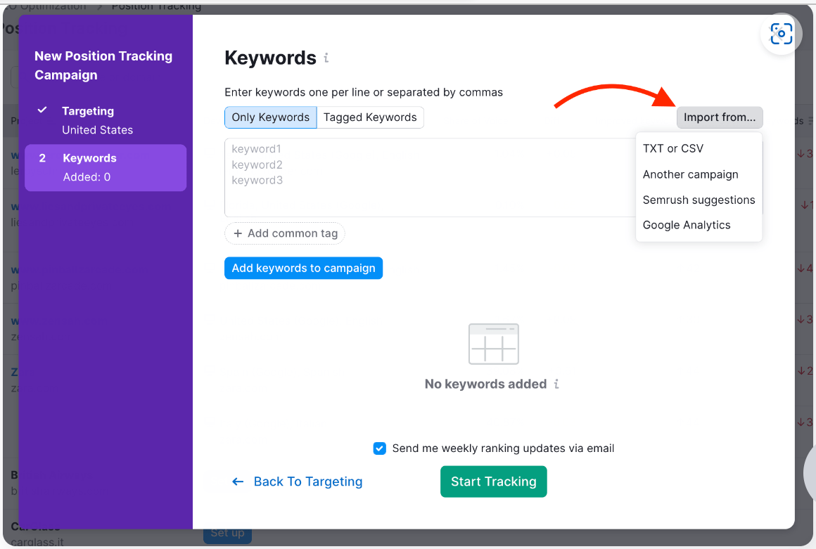 How to import keywords into Semrush Position Tracking