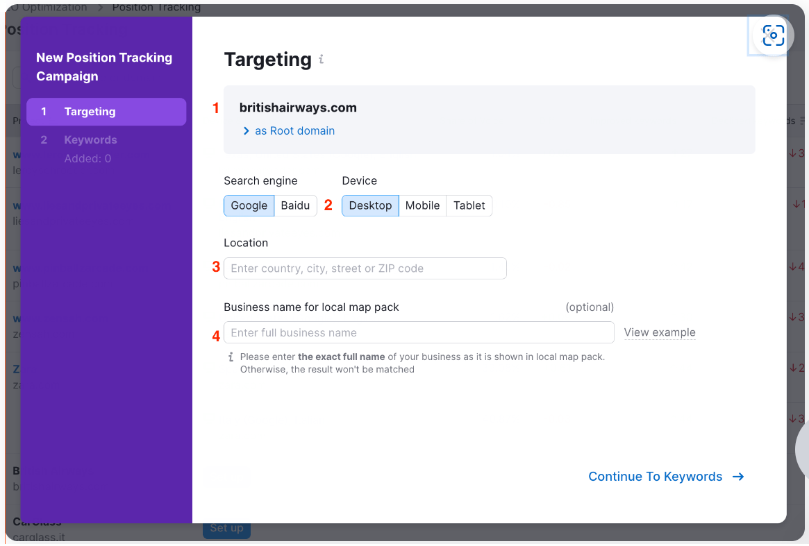 Targeting settings for Semrush Position Tracking Campaign